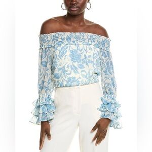CeCe Nordstrom Blue Floral Ruffle Sleeve Smocked Off the Shoulder Blouse Large